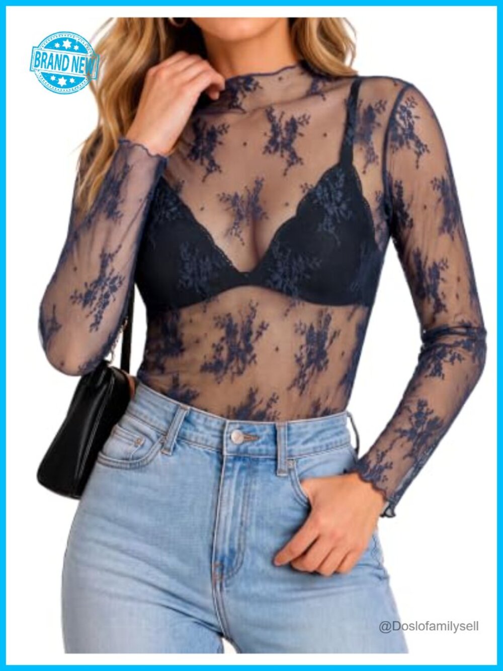 Lace Blouse Mock Neck Long Sleeve Sheer Mesh Top for Women